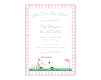 Printed Golf Party Invitation, Girl First Birthday Invite, Hole in One, Fore ParTee, Cart Flag Ball Tee, Watercolor Pink Gingham, Preppy