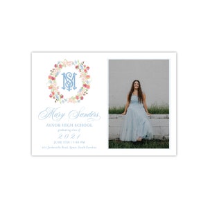 Printed Floral Graduation Photo Card, Grad Announcement Picture, Watercolor Monogram Crest, Preppy Grandmillennial, Customized Personalized