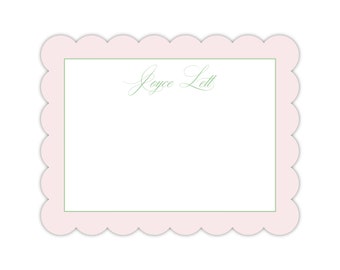 Printed Scalloped Stationery Set, Notecards Envelopes, Pink Green Watercolor Floral, Preppy Grandmillennial, Easter, Customized Personalized