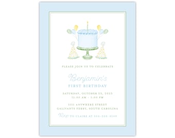 Printed Blue Party Cake Invitation, Boy First Birthday Invite, 1 Year Old, Watercolor Green Candle Balloons Hat, Classic Preppy Traditional