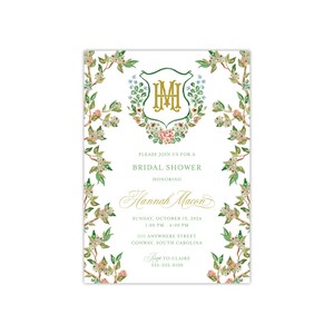 Printed Floral Shower Invitation, Watercolor Monogram Crest, Fall Bridal Brunch Luncheon, Garden Party, Classic Chic Grandmillennial