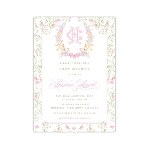 Printed Floral Shower Invitation, Watercolor Monogram Crest, Spring Baby Bridal Brunch Luncheon, Garden Party, Classic Chic Grandmillennial