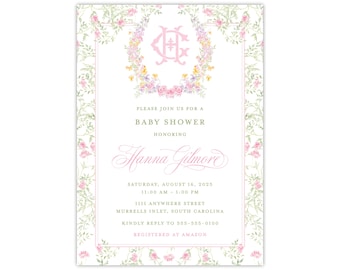 Printed Floral Shower Invitation, Watercolor Monogram Crest, Spring Baby Bridal Brunch Luncheon, Garden Party, Classic Chic Grandmillennial
