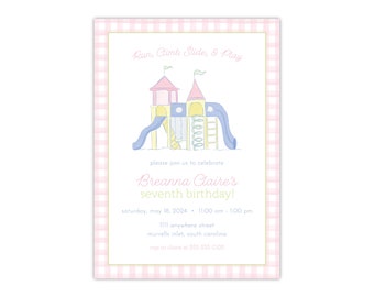 Printed Playground Birthday Invitation, Watercolor Pastel Pink Gingham, Outdoor Park Slide Swing Jungle Gym, Customized Personalized