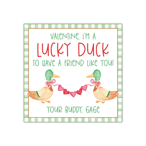 Printable Lucky Duck Valentine Tag, Preppy Green Gingham, Preschool Kids Classroom, School Gift, Personalized, Editable Template, Digital