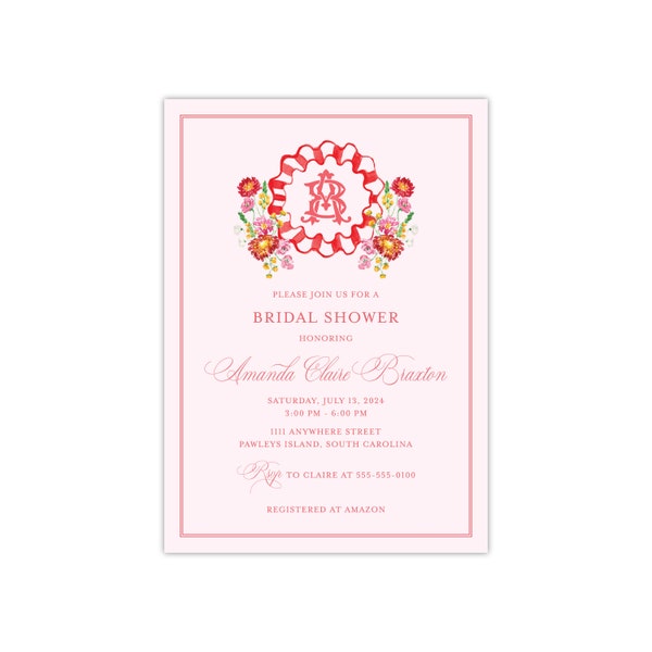 Printed Floral Shower Invitation, Watercolor Monogram Crest, Bridal Shower, Garden Party, Preppy Grandmillennial, Customized Personalized
