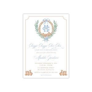Printed Train Shower Invitation, Baby Sprinkle, Chugga Choo, All Aboard, Watercolor Blue Monogram, Brown Caboose, Classic Preppy Vintage