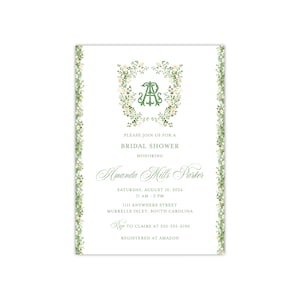 Printed Floral Shower Invitation, Watercolor Monogram Crest, Bridal Shower, Magnolia, Garden Party, Grandmillennial, Customized Personalized