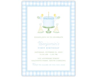 Printed Blue Party Cake Invitation, Boy First Birthday Invite, 1 Year Old, Watercolor Green Candle Balloons Hat, Classic Preppy Traditional