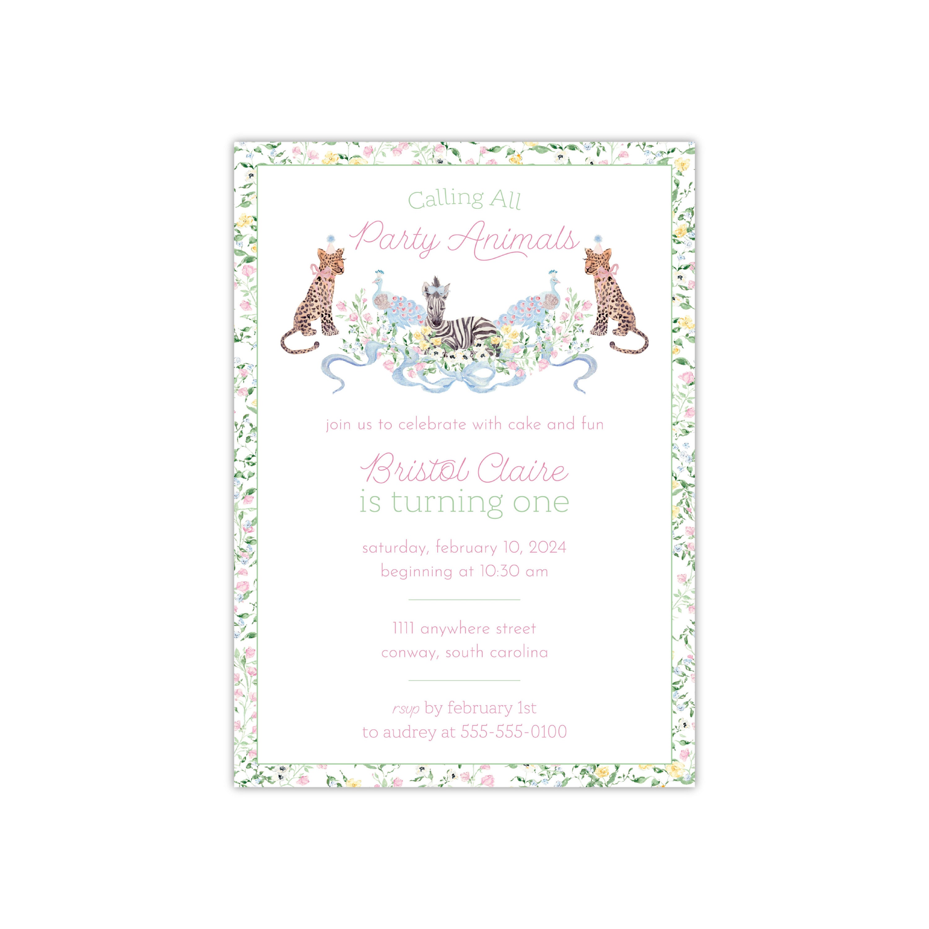 Printed Party Animal Birthday Invitation, Zoo Safari, Watercolor Zebra Leopard, Preppy Grandmillennial Floral Bow, Customized Personalized