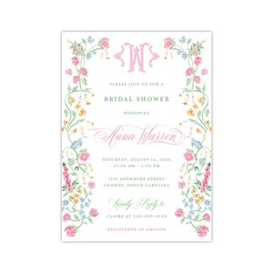 Printed Floral Shower Invitation, Watercolor Pink Blue Orange Greenery, Summer Baby Bridal Brunch Luncheon, Classic Chic Grandmillennial