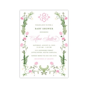 Printed Floral Shower Invitation, Watercolor Pink Peony Greenery, Spring Baby Bridal Brunch Luncheon, Classic Chic Grandmillennial