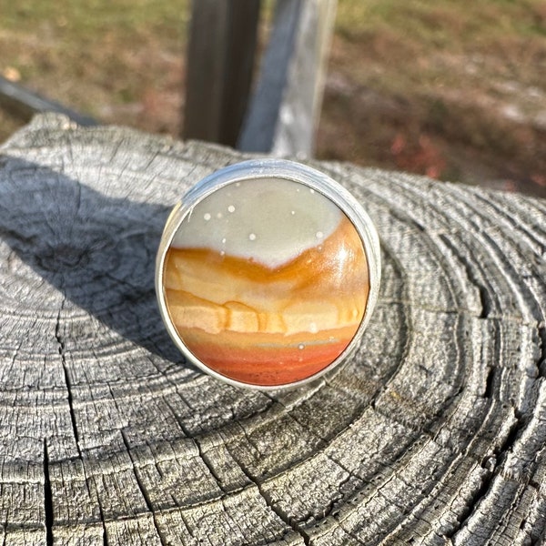 Sunset and stars! Beautiful Polychrome  Jasper Sterling Large Round Ring - Size 7.75