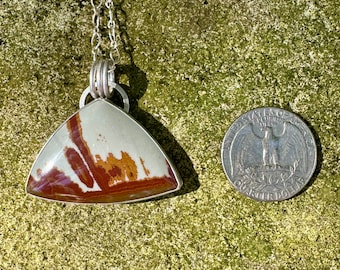 May include: A silver chain necklace with a triangular pendant featuring a brown, white, and red agate stone. The pendant is approximately the size of a US quarter.