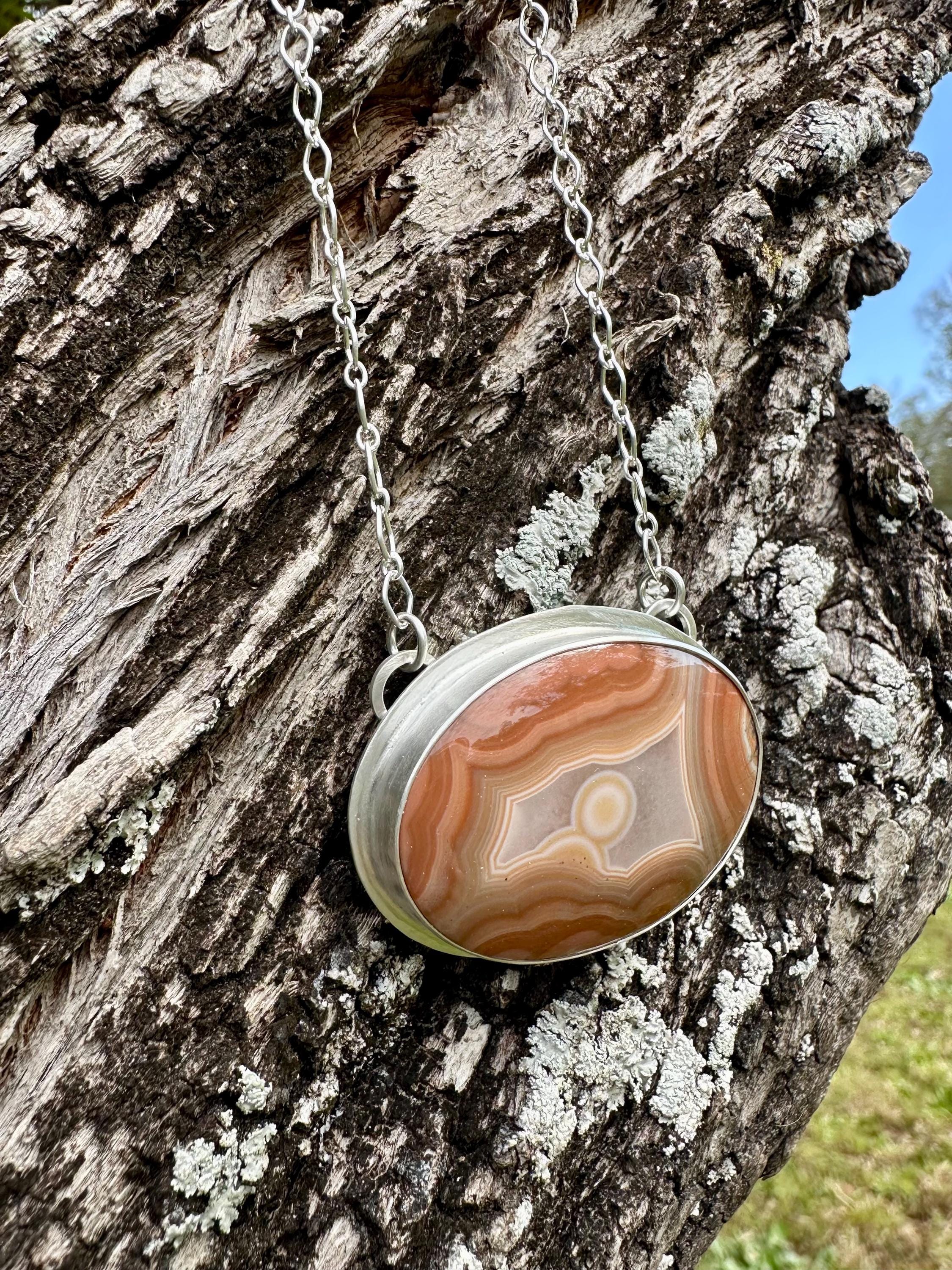 Beautiful Large Moroccan Agate Sterling  Oval Pendant Necklace