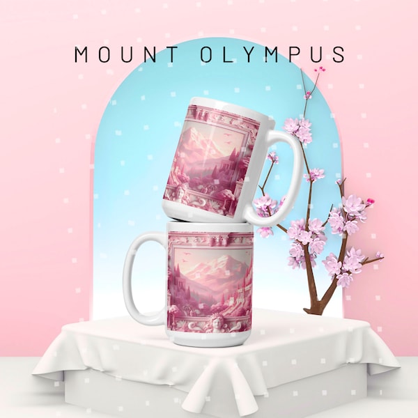 3D Pink Mount Olympus Porcelain Teacup Coffee Mug Wrap, Muses Art, Greek Mythology Castle Landscape Rosée English Teacup Prints anniversary