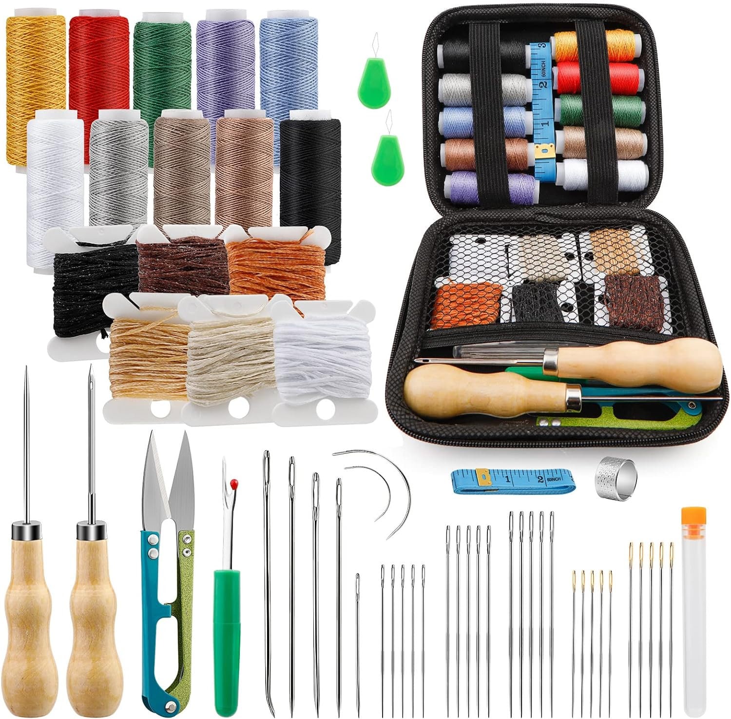 Leather Sewing Kit, Leather Sewing Upholstery Repair Kit, Leather Needle  and Thread Kit, Leather Working Tools with Large-Eye Needles, Waxed Thread,  Sewing Awl, for Repairing and DIY Leather Craft