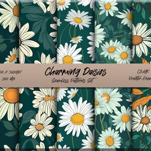Pode incluir: Um conjunto de quatro padrões sem costura com margaridas brancas com centros amarelos sobre um fundo azul escuro. Os padrões são rotulados como "Charming Daisies Seamless Patterns Set" e "CMYK Printer-Friendly".