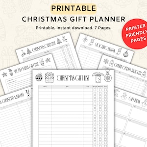 Può includere: Pianificatore di regali di Natale stampabile con sette pagine. Le pagine includono un elenco di biglietti di Natale, un elenco di regali di Babbo Natale segreto, un elenco di regali di Natale, riempitivi per calze, un tracker di ordini online e idee regalo.