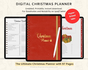 May include: A digital Christmas planner on an iPad with a red cover and gold accents. The planner has 97 pages and includes a checklist, budget tracker, and gift ideas. The text "Christmas Planner" is written in gold lettering on the cover. The planner is compatible with Goodnotes and Notability apps.
