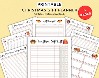 May include: Printable Christmas gift planner with eight pages. The pages include a Christmas card list, secret Santa gift list, my Christmas wish list, gift budget, Christmas gift list, stocking fillers, online order tracker, and gift ideas.