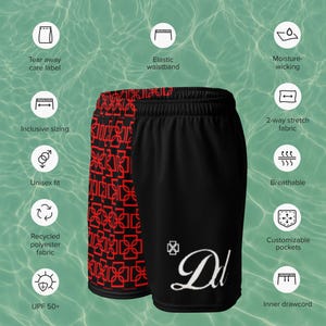 May include: Black and red athletic shorts with a geometric pattern on the left leg. The shorts have an elastic waistband, inner drawcord, and customizable pockets. The text "D.d" is printed on the right leg in white.