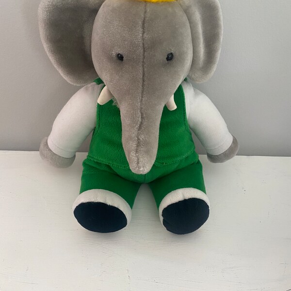 Vintage 1988 Gund 13” Babar Plush Doll Toy Green Suit Yellow Crown