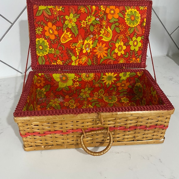 Vintage Czech rattan sewing basket with fabric inside