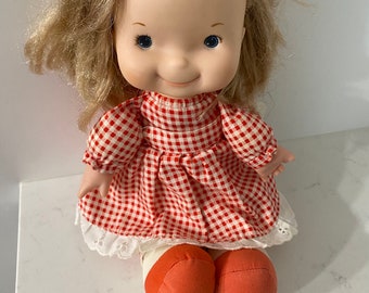 Fisher Price 1973 Mary lap sitter doll red and white gingham