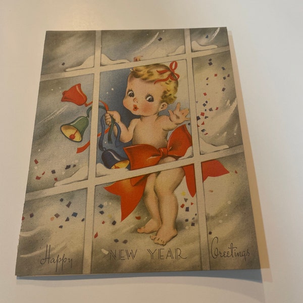 Vintage happy new year greeting card from 1940 with image of baby New Year and a red bow and bells