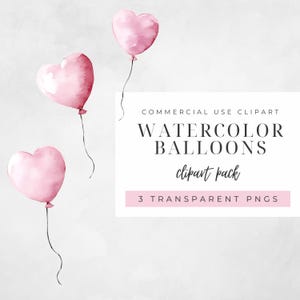 Pink Watercolor Heart Shaped Balloons Clip Art for Personal and Commercial Use, Pink Balloon Clip Art