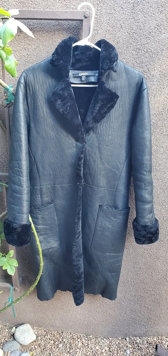 DKNY Womens Genuine Leather/Shearling Coat