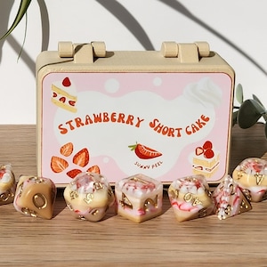 Strawberry Shortcake Dice Set: Handmade Resin DnD Dice with Cake Case