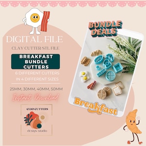 May include: A digital file for a set of 6 breakfast-themed clay cutters in 4 different sizes: 25mm, 30mm, 40mm, and 50mm. The cutters are blue and feature designs like a croissant, waffle, egg, bacon, and toast. The image also includes the text "BUNDLE DEALS" and "Instant Download".