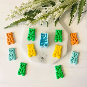 May include: A set of gummy bear cookie cutters in various colours, including green, blue, yellow, and orange. The cutters are arranged on a white surface with a white flower sprig in the background.