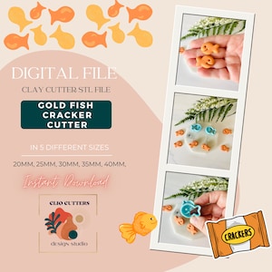 May include: Digital download STL file for a clay cutter in the shape of a gold fish cracker. The cutter comes in five different sizes: 20mm, 25mm, 30mm, 35mm, and 40mm. The image shows the cutter being used to cut out shapes from clay.