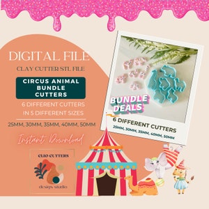 May include: A digital file download for 6 different circus animal cookie cutters in 5 sizes: 25mm, 30mm, 35mm, 40mm, and 50mm. The image shows a blue plastic set of cutters, a colorful circus tent, and a camel, elephant, and giraffe illustration.