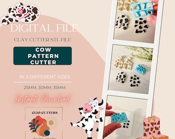 Op de afbeelding: Digitaal downloadbare STL-bestand voor een klei-cutter met een koe-patroon. De cutter is verkrijgbaar in drie maten: 25 mm, 30 mm en 35 mm. De afbeelding toont de cutter die wordt gebruikt om oorbellen met een koe-print te maken.