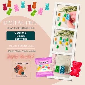 Könnte beinhalten: Digitale Datei für einen Gummibärchen-Tortenformer in vier verschiedenen Größen: 25 mm, 30 mm, 35 mm und 40 mm. Das Bild zeigt eine Auswahl an Gummibärchen-Tortenformen in verschiedenen Farben, eine Tüte Gummibärchen und ein Lineal.
