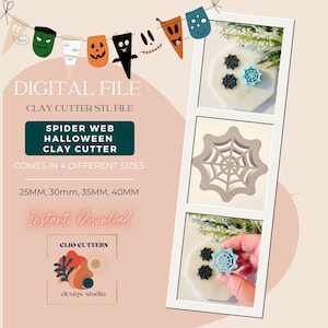 May include: Digital file for a spider web Halloween clay cutter. The image shows the cutter in four different sizes: 25mm, 30mm, 35mm, and 40mm. The cutter is shown in a light gray color and is on a white surface. The image also shows a close-up of the cutter being used to create a spider web design.