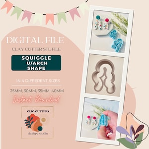 Puede incluir: Descarga digital de un archivo STL de cortador de arcilla para una forma de squiggle u/arch en cuatro tamaños diferentes: 25 mm, 30 mm, 35 mm y 40 mm. La imagen muestra el cortador en azul y los pendientes de arcilla terminados en blanco con puntos de colores.