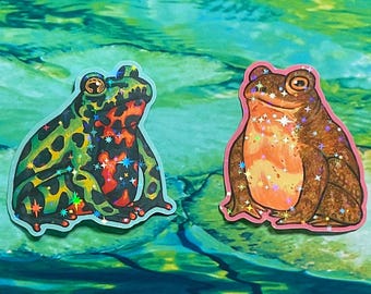May include: Two frog stickers. One is green with black spots and red and orange accents. The other is brown with a pink outline and orange belly. Both have glittery star accents and are on a blue and green background.