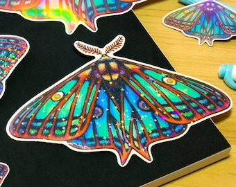 Spanish Moon Moth sticker / large 15cm/6&quot; holographic sticker / handmade artist vinyl sticker / holographic stars / whimsical stationery