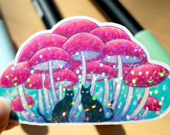 MEOW-CELIUM cute cat mushroom forest sticker / handmade artist vinyl sticker / holographic stars / whimsical stationery