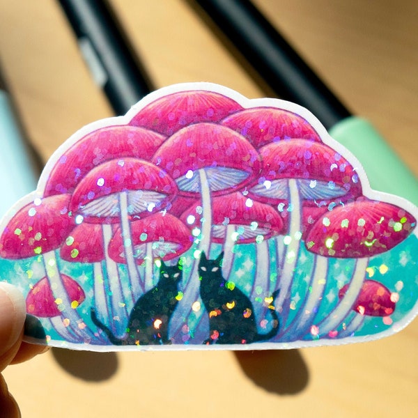 MEOW-CELIUM cute cat mushroom forest sticker / handmade artist vinyl sticker / holographic stars / whimsical stationery