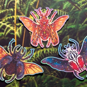 Beetle Holographic Sticker Set / Goliath + Atlas + Sabertooth / handmade artist vinyl sticker / nature stationery