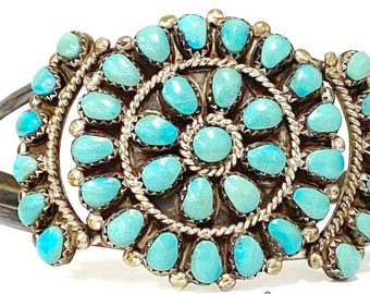 Genuine Vintage Southwest Silver Turquoise Cluster Cuff/Bracelet Signed/Stamped 28g 2”W Should fit size 7”-7.5”