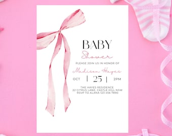 Pink Bow Baby Shower Invitation Template Printable, Baby Girl, Pink Coquette Baby Shower Invite, Baby Shower Invitation Girl Coquette Bow