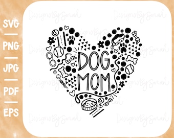 May include: Black and white illustration of a heart filled with dog-related icons and the text "DOG MOM".