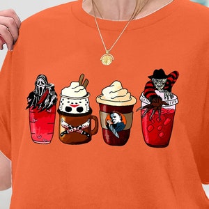 Horror Movie Coffee Latte Sweatshirt, Halloween Drink Cozy Shirt, Horror Movie Killers Coffee Shirt, Spooky Season, Halloween Shirt, Hoodie